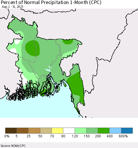 Bangladesh Percent of Normal Precipitation 1-Month (CPC) Thematic Map For 8/1/2023 - 8/31/2023