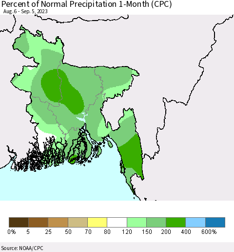Bangladesh Percent of Normal Precipitation 1-Month (CPC) Thematic Map For 8/6/2023 - 9/5/2023