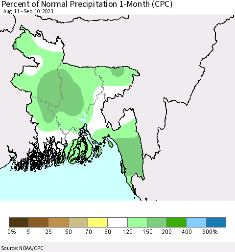 Bangladesh Percent of Normal Precipitation 1-Month (CPC) Thematic Map For 8/11/2023 - 9/10/2023