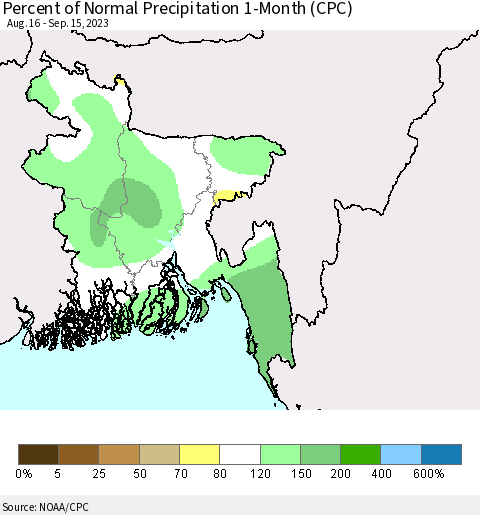 Bangladesh Percent of Normal Precipitation 1-Month (CPC) Thematic Map For 8/16/2023 - 9/15/2023