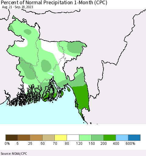 Bangladesh Percent of Normal Precipitation 1-Month (CPC) Thematic Map For 8/21/2023 - 9/20/2023