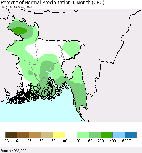 Bangladesh Percent of Normal Precipitation 1-Month (CPC) Thematic Map For 8/26/2023 - 9/25/2023