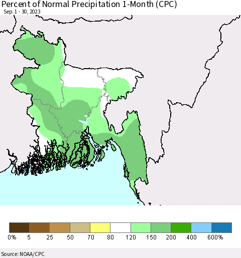 Bangladesh Percent of Normal Precipitation 1-Month (CPC) Thematic Map For 9/1/2023 - 9/30/2023