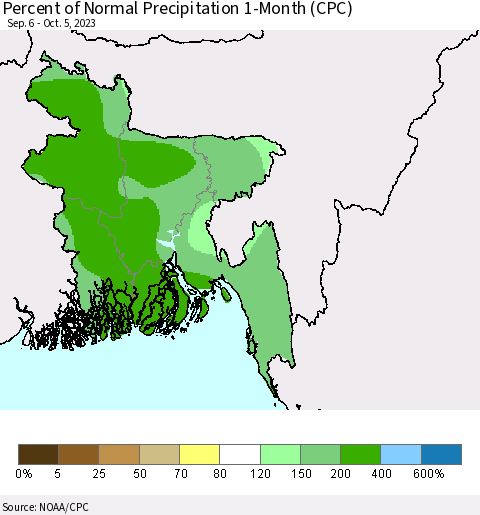 Bangladesh Percent of Normal Precipitation 1-Month (CPC) Thematic Map For 9/6/2023 - 10/5/2023