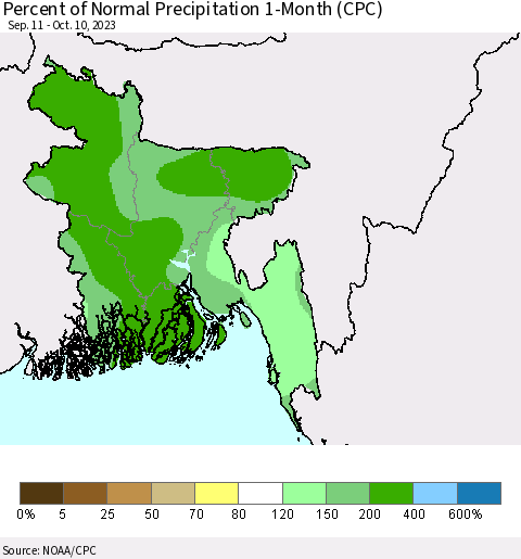 Bangladesh Percent of Normal Precipitation 1-Month (CPC) Thematic Map For 9/11/2023 - 10/10/2023