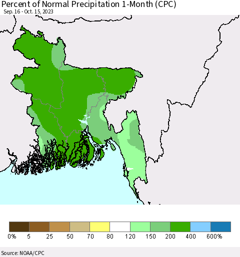 Bangladesh Percent of Normal Precipitation 1-Month (CPC) Thematic Map For 9/16/2023 - 10/15/2023