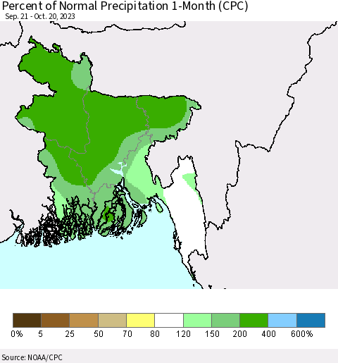 Bangladesh Percent of Normal Precipitation 1-Month (CPC) Thematic Map For 9/21/2023 - 10/20/2023