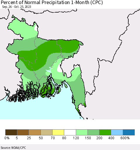 Bangladesh Percent of Normal Precipitation 1-Month (CPC) Thematic Map For 9/26/2023 - 10/25/2023
