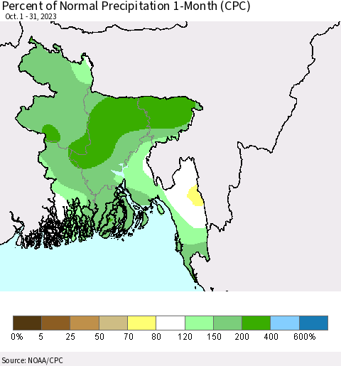 Bangladesh Percent of Normal Precipitation 1-Month (CPC) Thematic Map For 10/1/2023 - 10/31/2023