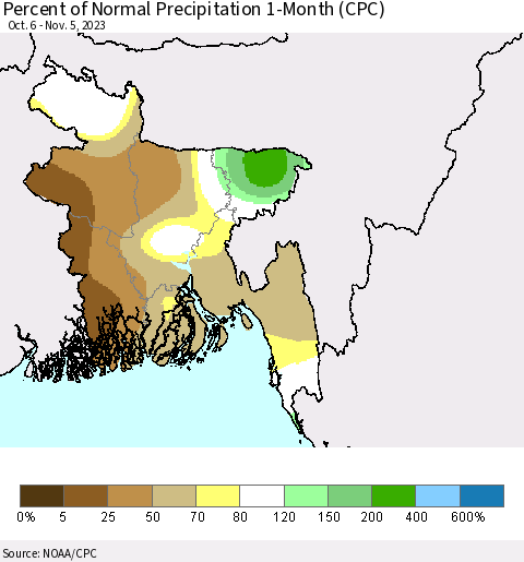 Bangladesh Percent of Normal Precipitation 1-Month (CPC) Thematic Map For 10/6/2023 - 11/5/2023