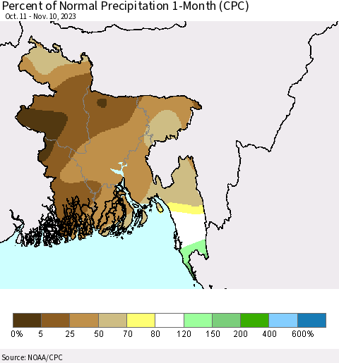 Bangladesh Percent of Normal Precipitation 1-Month (CPC) Thematic Map For 10/11/2023 - 11/10/2023
