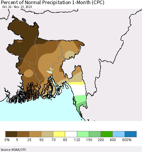 Bangladesh Percent of Normal Precipitation 1-Month (CPC) Thematic Map For 10/16/2023 - 11/15/2023