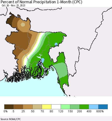 Bangladesh Percent of Normal Precipitation 1-Month (CPC) Thematic Map For 10/26/2023 - 11/25/2023