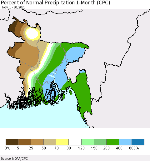 Bangladesh Percent of Normal Precipitation 1-Month (CPC) Thematic Map For 11/1/2023 - 11/30/2023