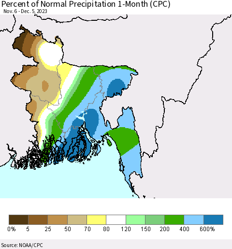 Bangladesh Percent of Normal Precipitation 1-Month (CPC) Thematic Map For 11/6/2023 - 12/5/2023