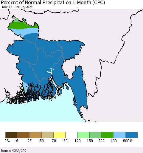 Bangladesh Percent of Normal Precipitation 1-Month (CPC) Thematic Map For 11/16/2023 - 12/15/2023