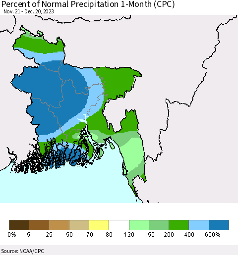 Bangladesh Percent of Normal Precipitation 1-Month (CPC) Thematic Map For 11/21/2023 - 12/20/2023