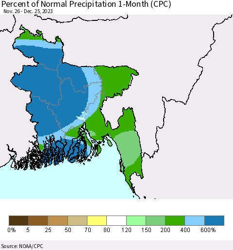 Bangladesh Percent of Normal Precipitation 1-Month (CPC) Thematic Map For 11/26/2023 - 12/25/2023