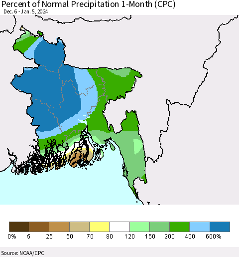 Bangladesh Percent of Normal Precipitation 1-Month (CPC) Thematic Map For 12/6/2023 - 1/5/2024