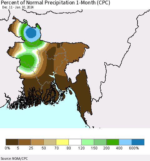 Bangladesh Percent of Normal Precipitation 1-Month (CPC) Thematic Map For 12/11/2023 - 1/10/2024