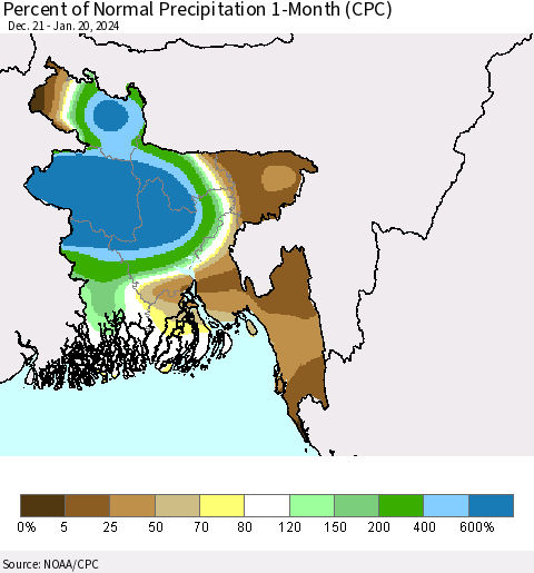 Bangladesh Percent of Normal Precipitation 1-Month (CPC) Thematic Map For 12/21/2023 - 1/20/2024