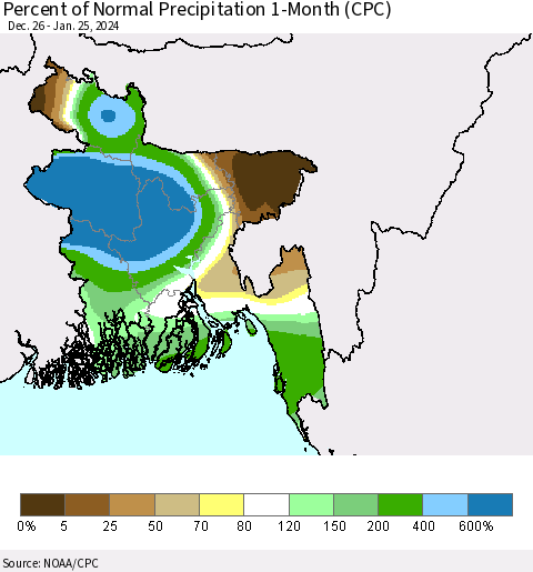 Bangladesh Percent of Normal Precipitation 1-Month (CPC) Thematic Map For 12/26/2023 - 1/25/2024