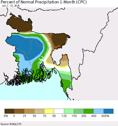 Bangladesh Percent of Normal Precipitation 1-Month (CPC) Thematic Map For 1/1/2024 - 1/31/2024