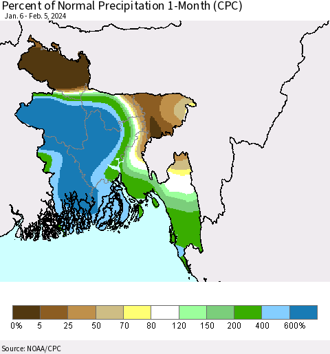 Bangladesh Percent of Normal Precipitation 1-Month (CPC) Thematic Map For 1/6/2024 - 2/5/2024