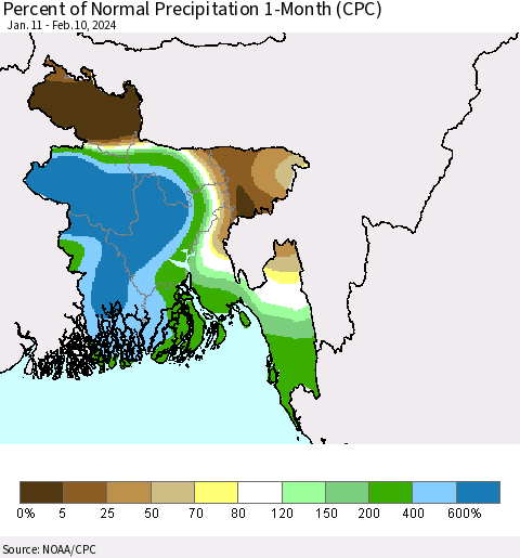 Bangladesh Percent of Normal Precipitation 1-Month (CPC) Thematic Map For 1/11/2024 - 2/10/2024