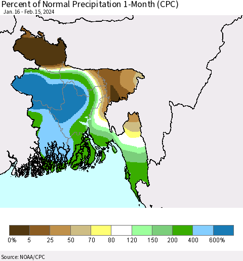 Bangladesh Percent of Normal Precipitation 1-Month (CPC) Thematic Map For 1/16/2024 - 2/15/2024