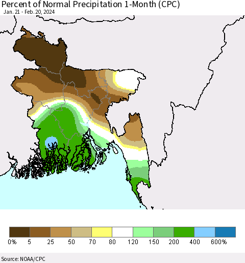 Bangladesh Percent of Normal Precipitation 1-Month (CPC) Thematic Map For 1/21/2024 - 2/20/2024