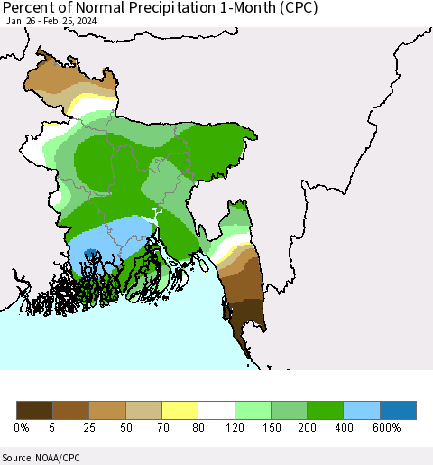 Bangladesh Percent of Normal Precipitation 1-Month (CPC) Thematic Map For 1/26/2024 - 2/25/2024