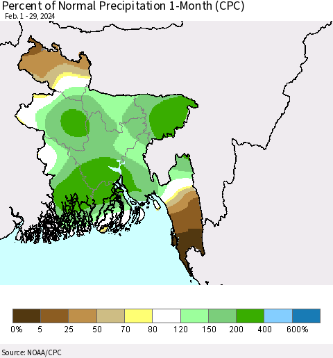 Bangladesh Percent of Normal Precipitation 1-Month (CPC) Thematic Map For 2/1/2024 - 2/29/2024