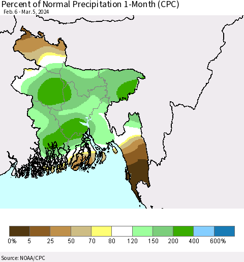 Bangladesh Percent of Normal Precipitation 1-Month (CPC) Thematic Map For 2/6/2024 - 3/5/2024