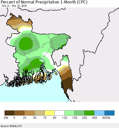 Bangladesh Percent of Normal Precipitation 1-Month (CPC) Thematic Map For 2/11/2024 - 3/10/2024