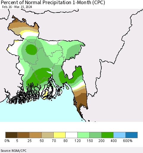 Bangladesh Percent of Normal Precipitation 1-Month (CPC) Thematic Map For 2/16/2024 - 3/15/2024
