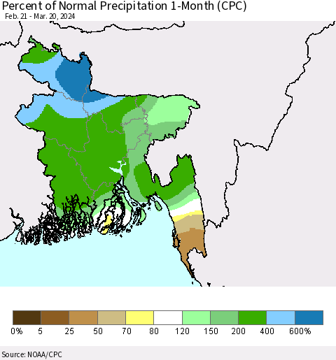 Bangladesh Percent of Normal Precipitation 1-Month (CPC) Thematic Map For 2/21/2024 - 3/20/2024