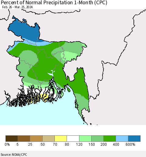 Bangladesh Percent of Normal Precipitation 1-Month (CPC) Thematic Map For 2/26/2024 - 3/25/2024