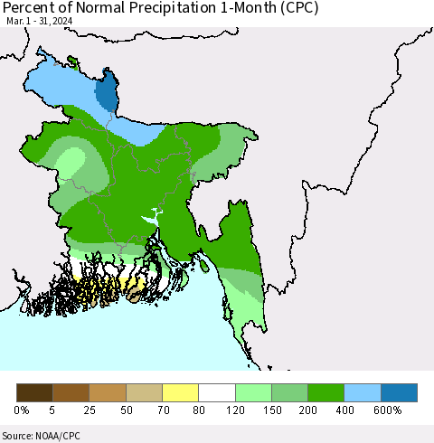 Bangladesh Percent of Normal Precipitation 1-Month (CPC) Thematic Map For 3/1/2024 - 3/31/2024