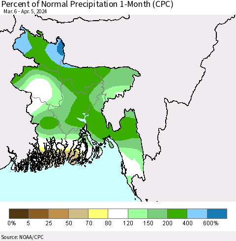 Bangladesh Percent of Normal Precipitation 1-Month (CPC) Thematic Map For 3/6/2024 - 4/5/2024