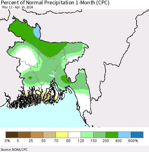 Bangladesh Percent of Normal Precipitation 1-Month (CPC) Thematic Map For 3/11/2024 - 4/10/2024