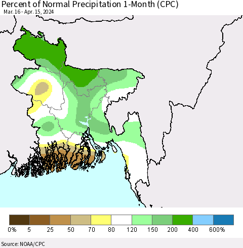 Bangladesh Percent of Normal Precipitation 1-Month (CPC) Thematic Map For 3/16/2024 - 4/15/2024