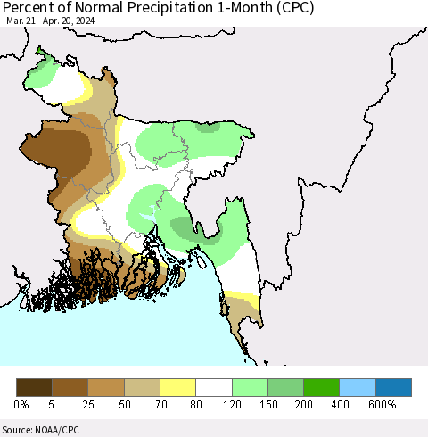 Bangladesh Percent of Normal Precipitation 1-Month (CPC) Thematic Map For 3/21/2024 - 4/20/2024