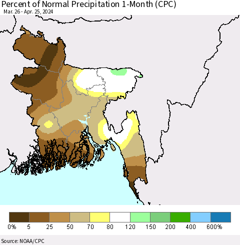 Bangladesh Percent of Normal Precipitation 1-Month (CPC) Thematic Map For 3/26/2024 - 4/25/2024