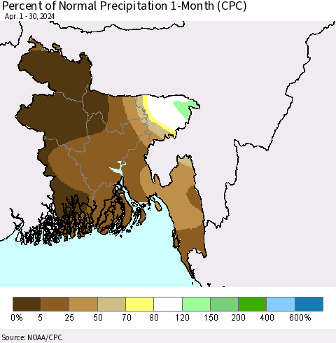 Bangladesh Percent of Normal Precipitation 1-Month (CPC) Thematic Map For 4/1/2024 - 4/30/2024