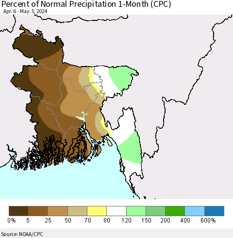 Bangladesh Percent of Normal Precipitation 1-Month (CPC) Thematic Map For 4/6/2024 - 5/5/2024