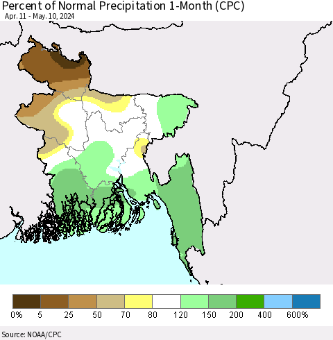 Bangladesh Percent of Normal Precipitation 1-Month (CPC) Thematic Map For 4/11/2024 - 5/10/2024
