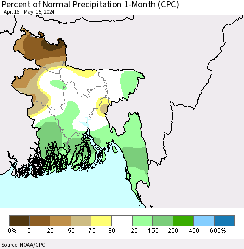 Bangladesh Percent of Normal Precipitation 1-Month (CPC) Thematic Map For 4/16/2024 - 5/15/2024