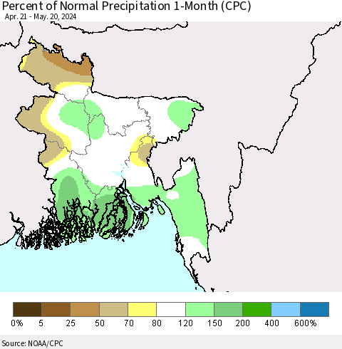 Bangladesh Percent of Normal Precipitation 1-Month (CPC) Thematic Map For 4/21/2024 - 5/20/2024