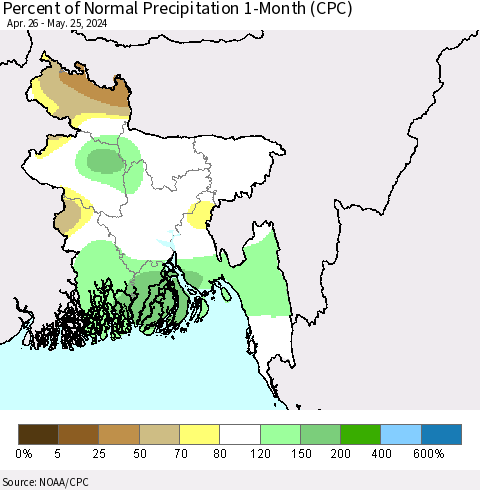 Bangladesh Percent of Normal Precipitation 1-Month (CPC) Thematic Map For 4/26/2024 - 5/25/2024